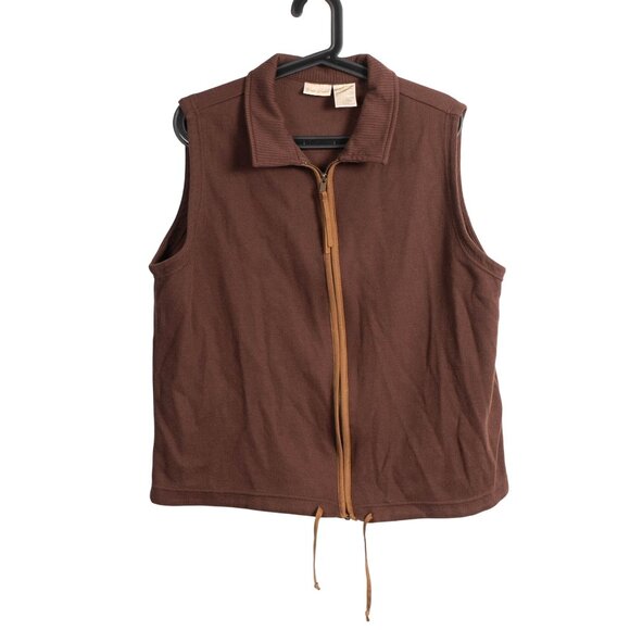 Y2K Sweater Vest Womens XL Brown Zip Up Contrast Trim Ribbed Drawstring Waist - Picture 1 of 5